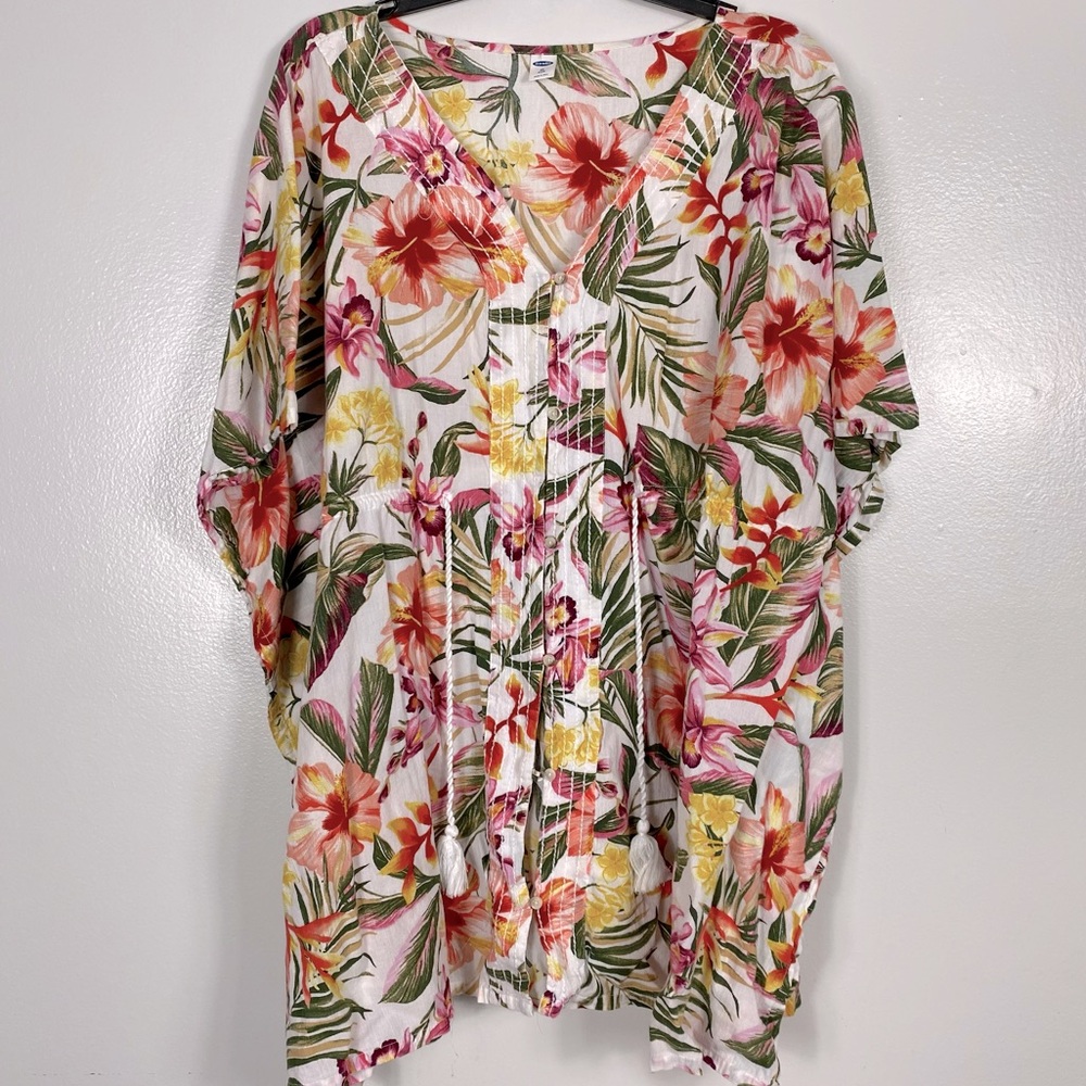 Old Navy White Floral Swim Coverup with Pink, Yellow & Green